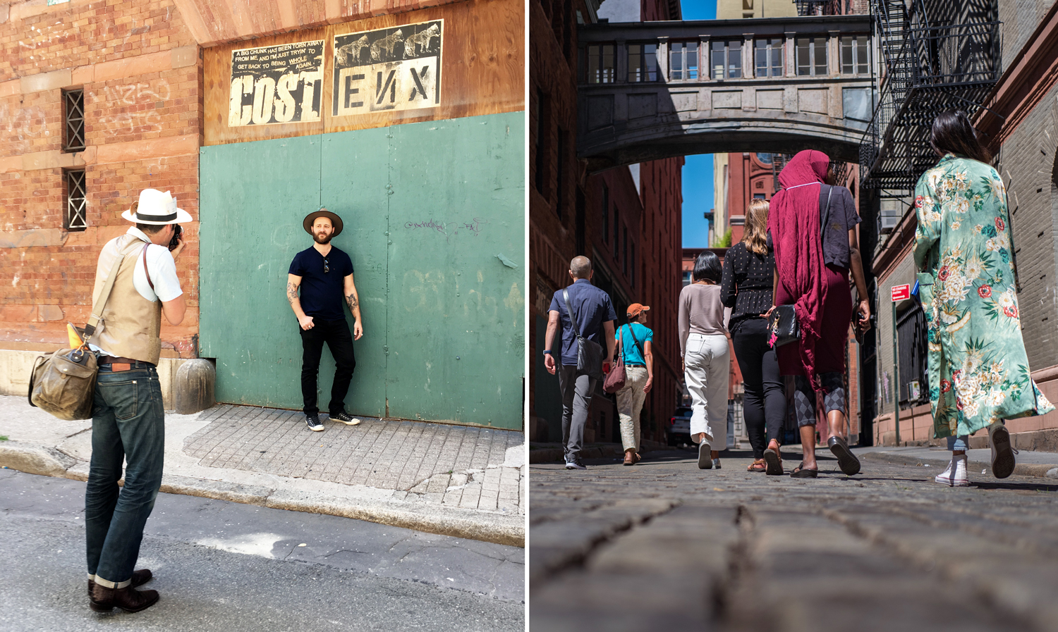Left: Tyler Sharp (@tylersharpphoto) shooting Luke Choice (@velvetsprectrum) Right: walking through Tribeca