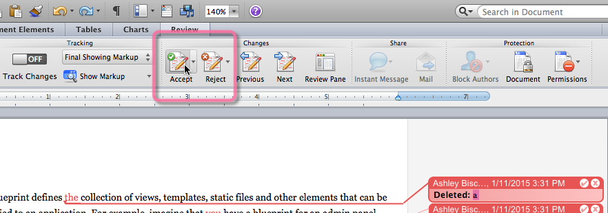 Accepting or Rejecting changes through Word’s toolbar buttons