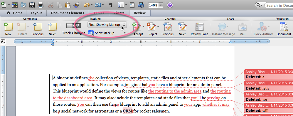 Setting the review mode to “Final Showing Markup”