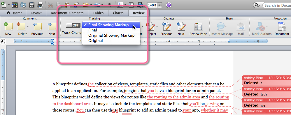 Using the “Track Changes” pulldown to toggle between document views