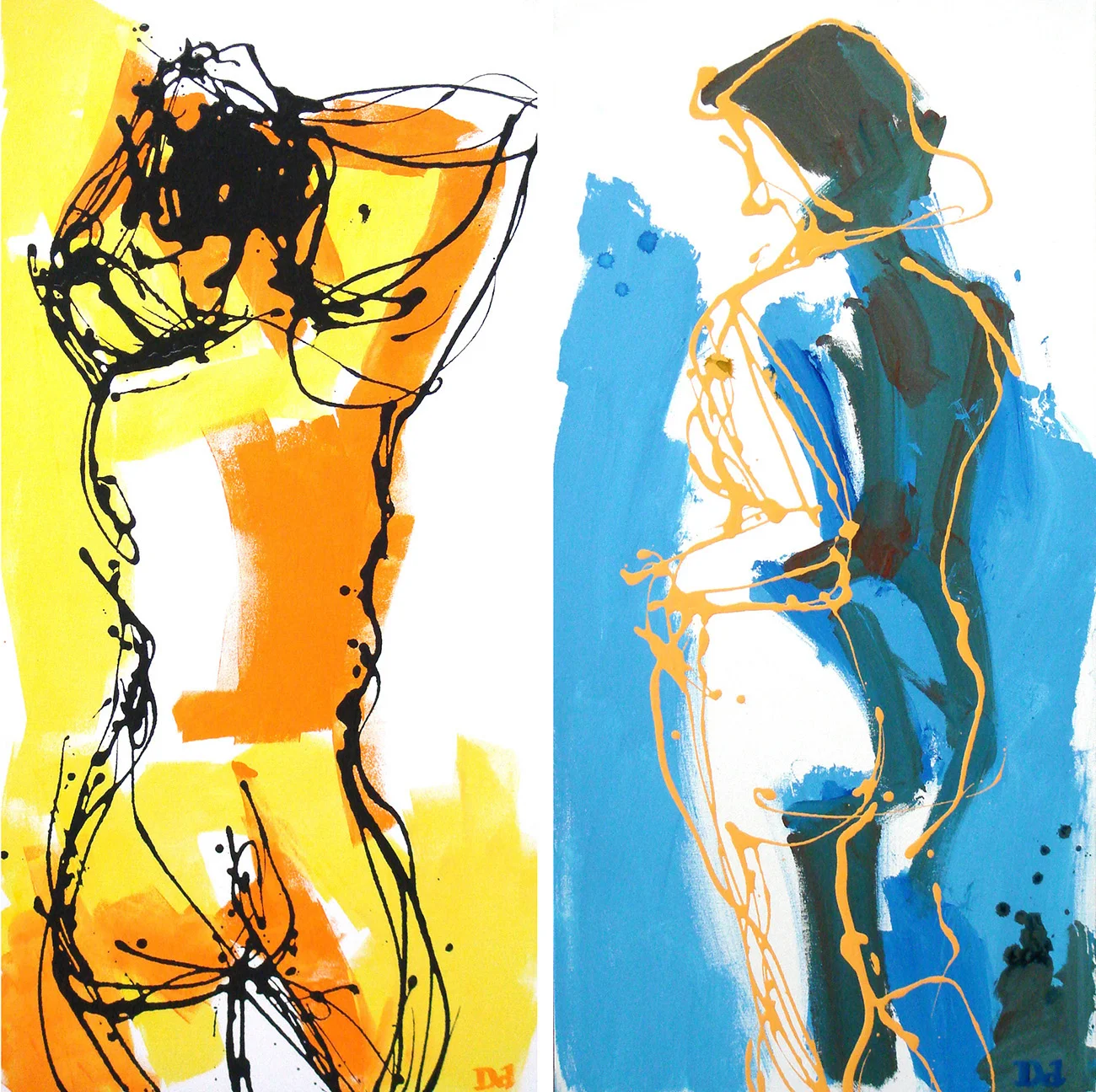 Two separate figure paintings, both 18" x 36", acrylic on canvas. 