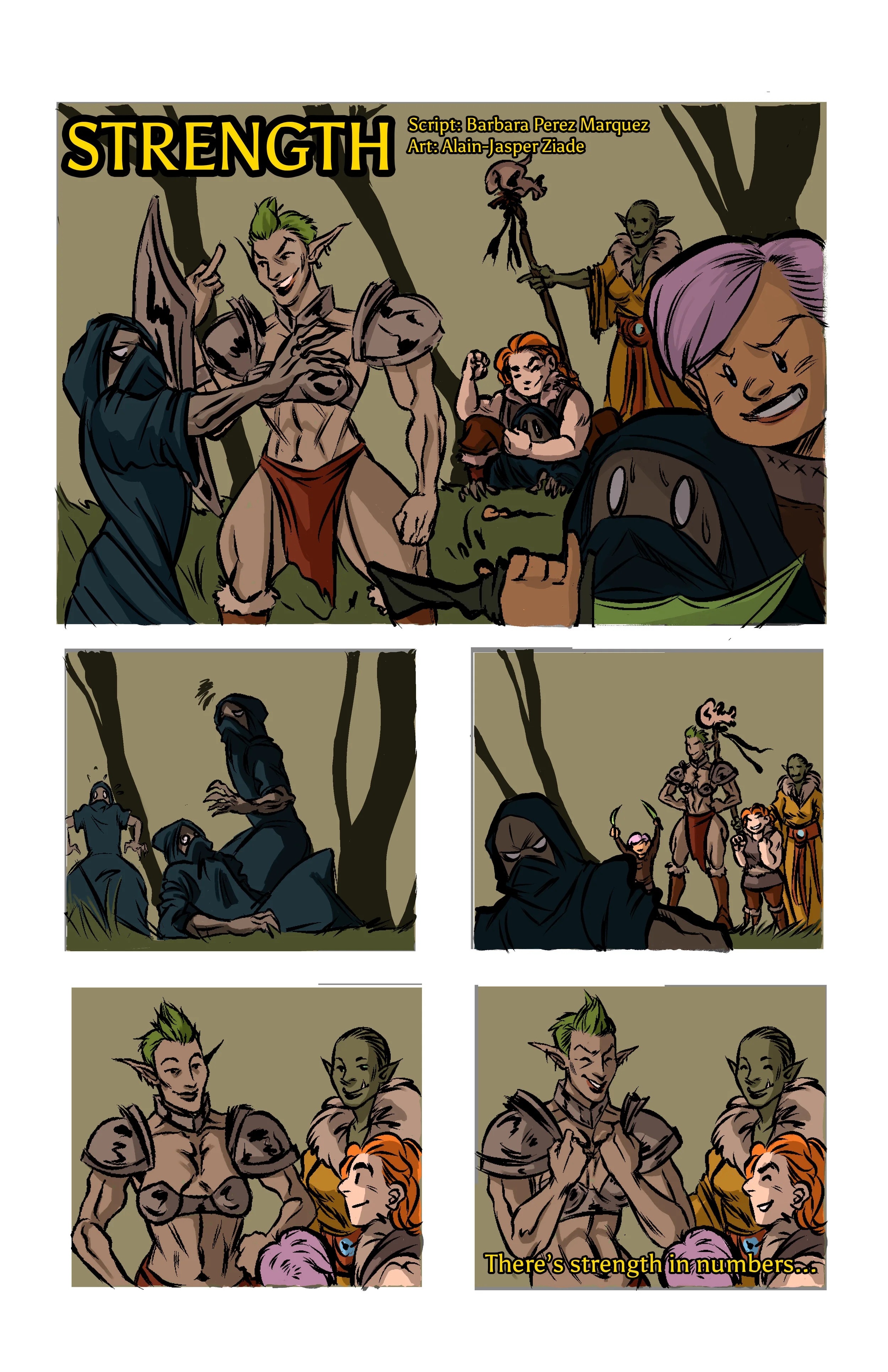 A comic about what strength can really mean. Inspired from the artist and I's own experiences with MMO games. Full color. Alain and I go back quite some time and every time we get to work together, lots of ideas always spark. You can check out their work on Tumblr: Zavok Draws