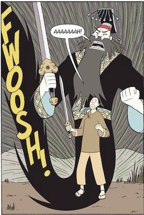 In BOXERS, Little Bao transforms into a mythological hero. Copyright Gene Luen Yang