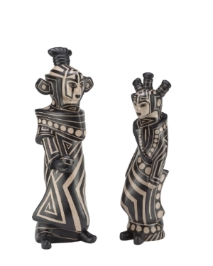 Virgil Ortiz (b.1969), Cochiti, Steu , 2014 and Cuda , 2014. Clay slip and wild spinach paint. Private collection. © Virgil Ortiz.
