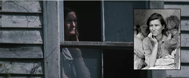 Dorthea Lange's Migrant Mother over a still from The Hunger Games
