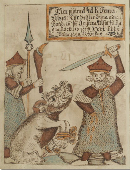 The wolf Fenrir with Týr's severed hand in his mouth and a god, who might be Þórr, holding a spear and a spiked club, from the Binding of Fenrir myth in Gylfaginning in Snorri's Edda. Jakob Sigurðsson 1727-1779.
