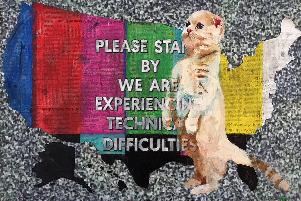 PLEASE STAND BY acrylic, charcoal and collage on board 20” x 30” $1400