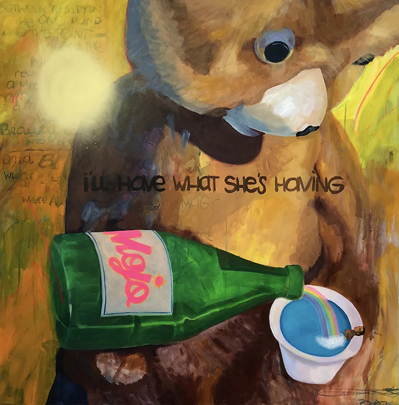 I’ll have what she’s having acrylic, oil pastel and spray paint on board 48” x 48” $3000