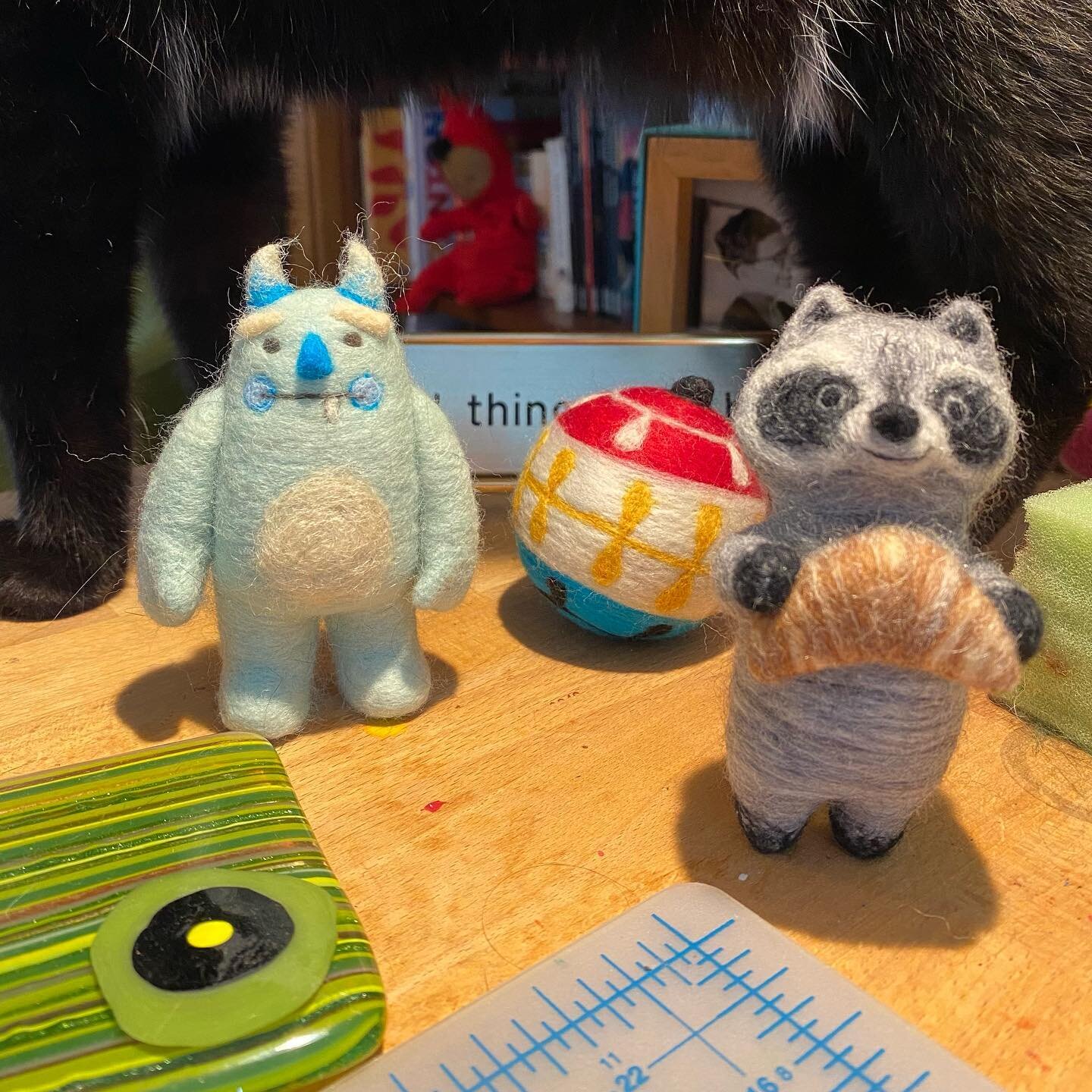 Hello again! 🥴
Just popping in to post a few cuties that I hope to get onto Etsy this week. (Post for accountability, perhaps?)

Yes, that is a cat looming large over the critters, because I am a mom and I have cats, so I have no personal space at a