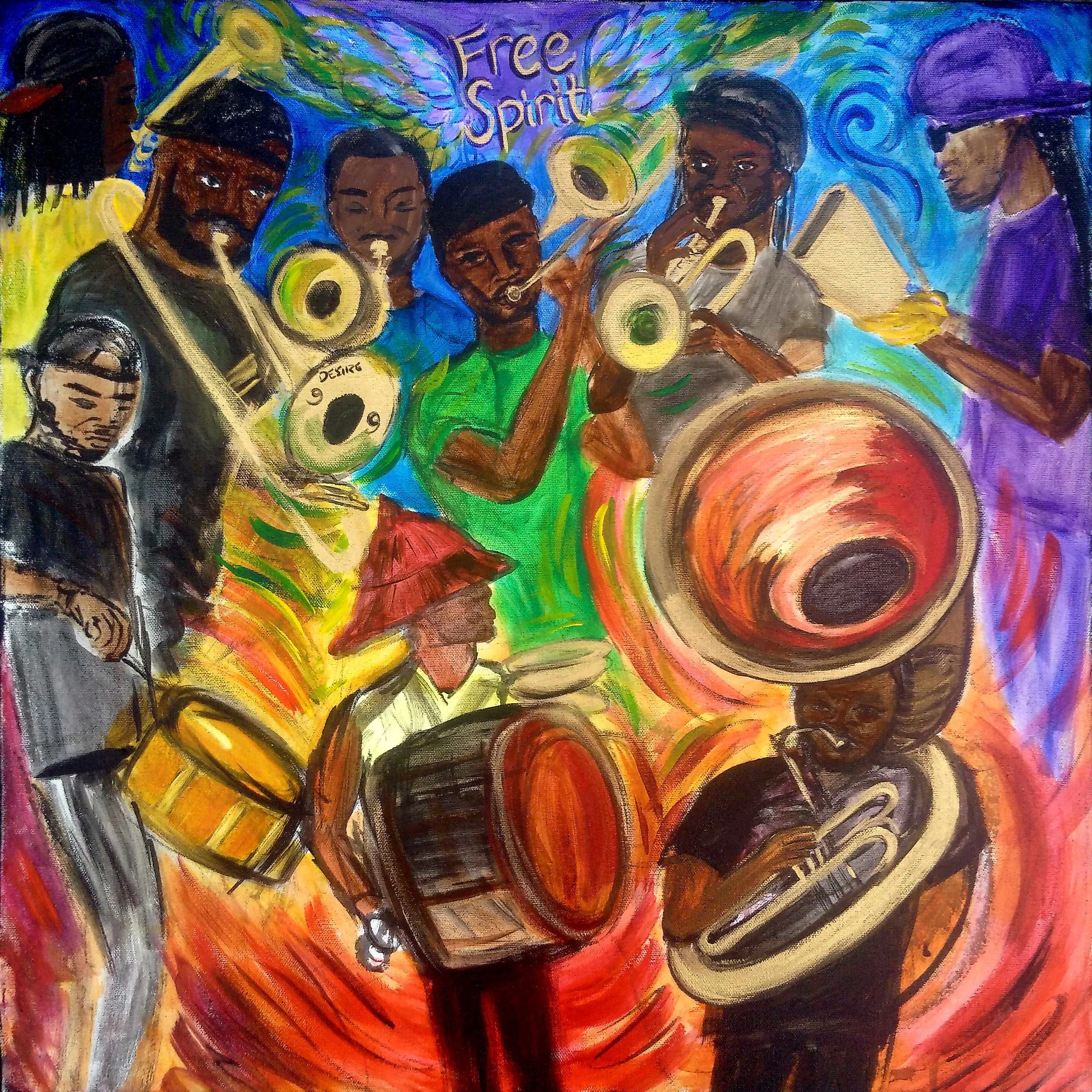 Live at Tubmam Square, REAL LOVE on the DAILY, FREE SPIRIT BRASS BAND. 24"x24" acrylic on canvas for FSBB