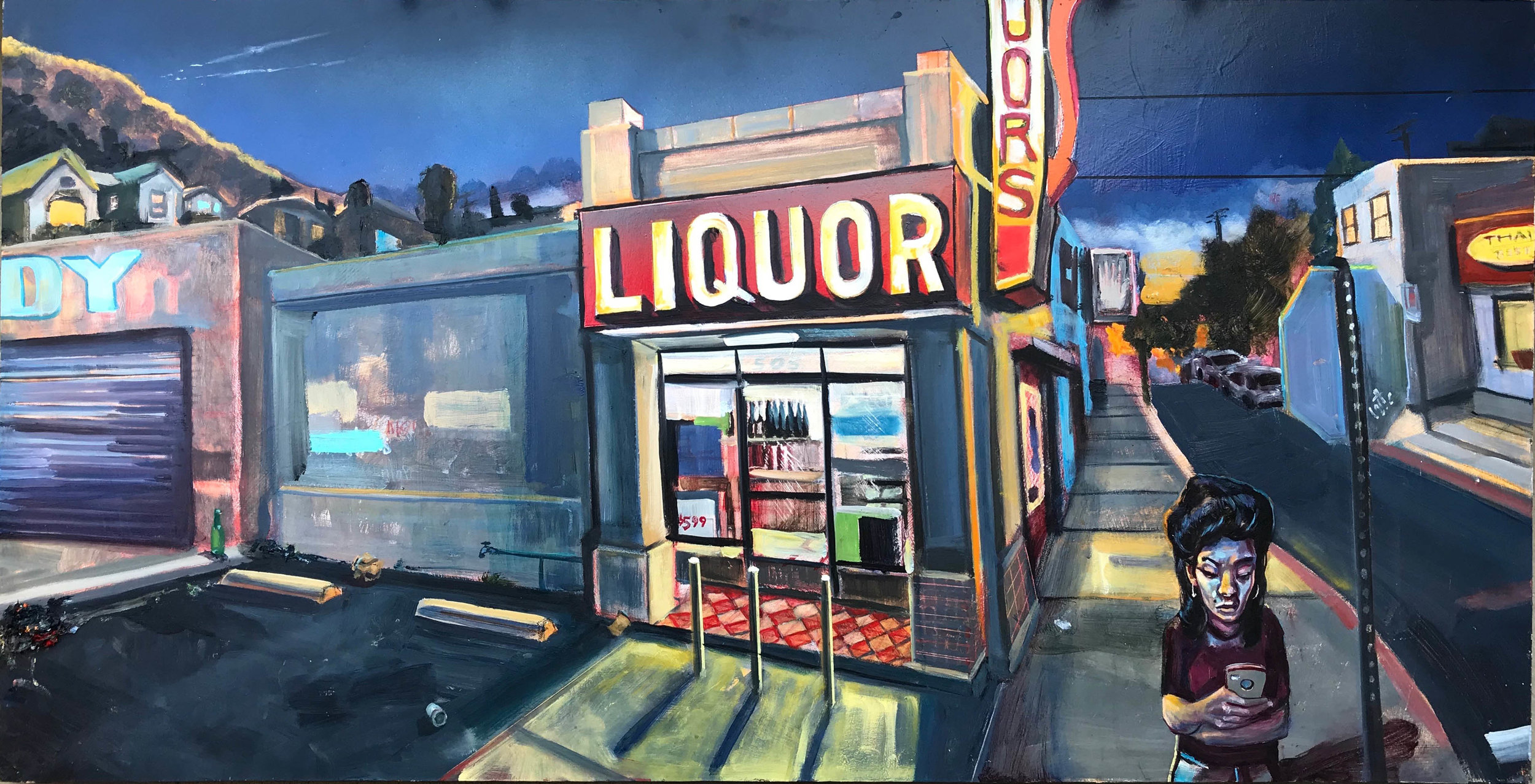 Leaving The City, 2018, Oil on panel,  21” x 41”