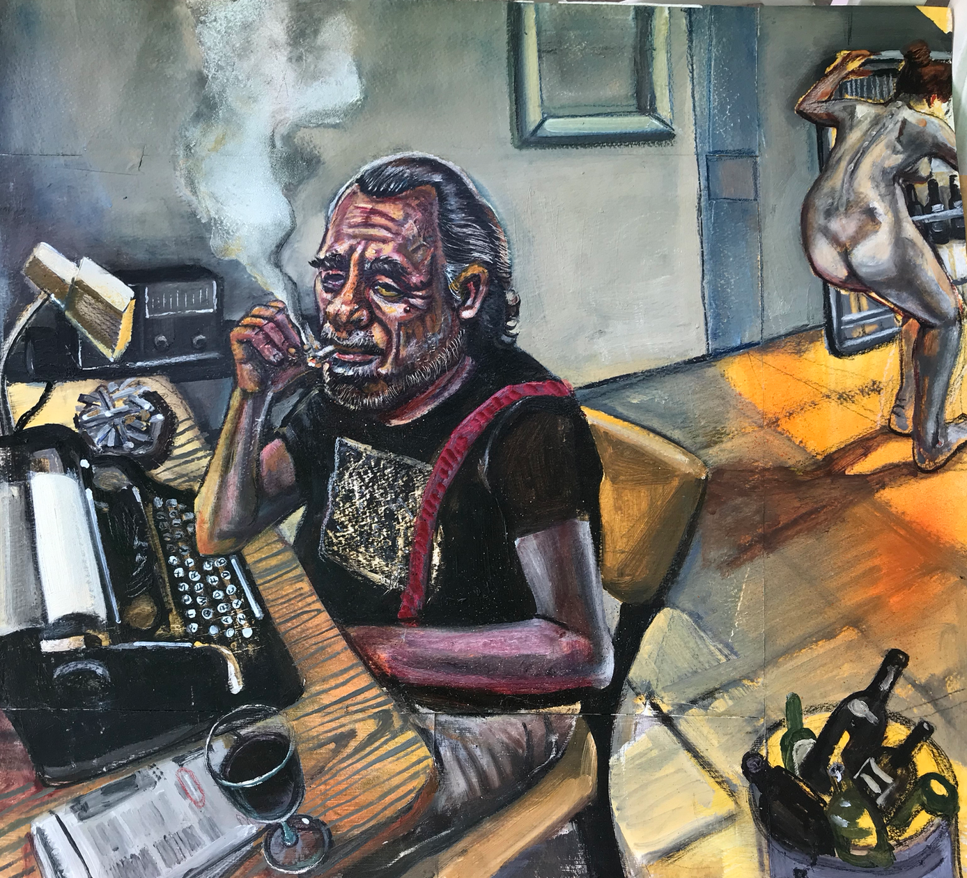 Typing in an empty room, 2019 
Acrylic and oil on Bristol-paper, 18" x 21.5"