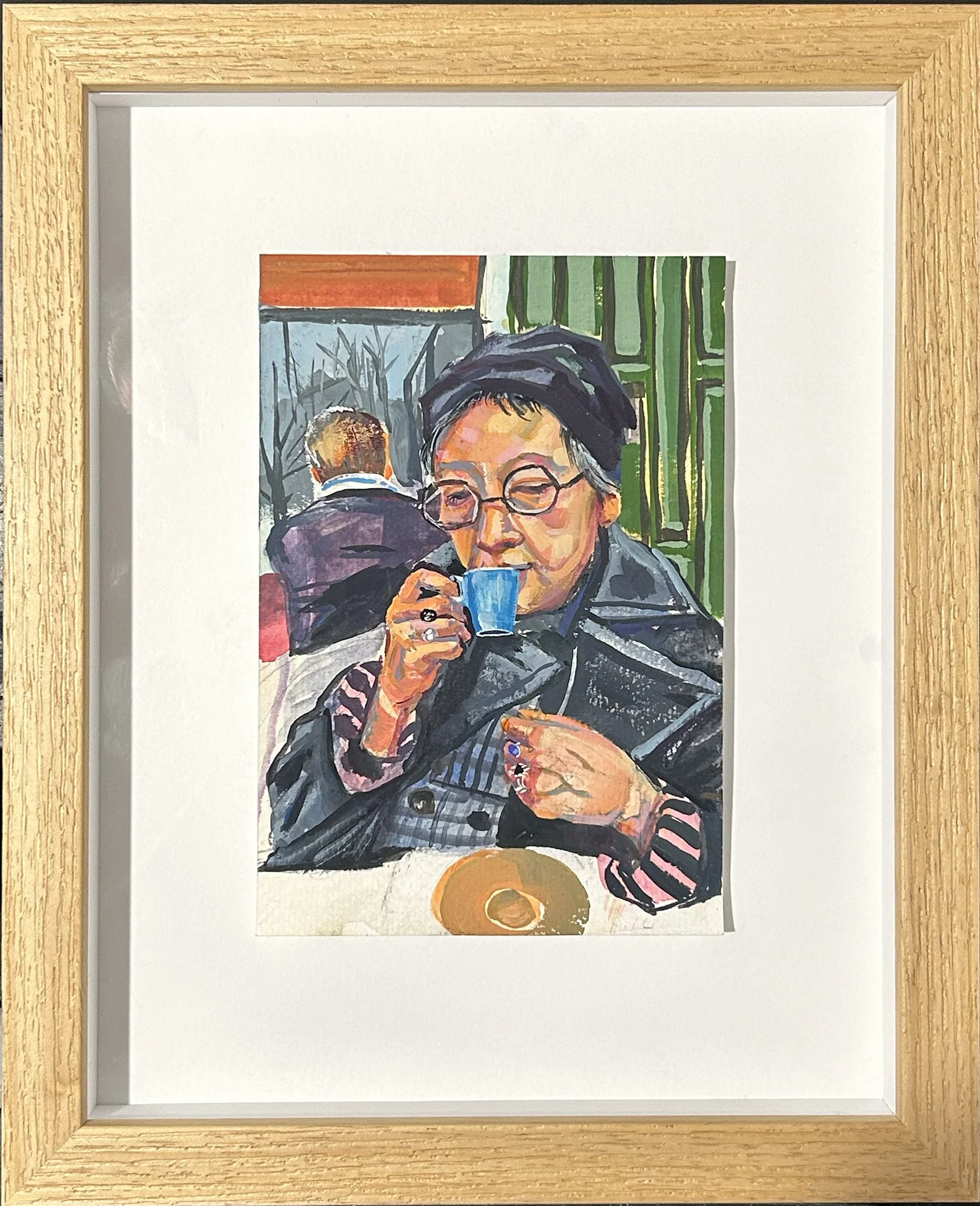 Maxine in paris cafe, 2023
gouache on paper 
(private collection) 4.5" x 6.75"