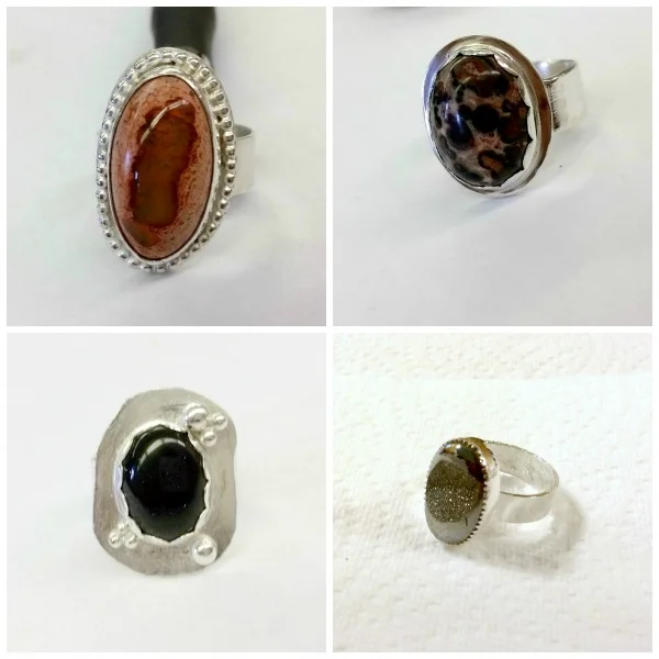 Students' finished rings... Opal (top left), jasper (top right), blue goldstone (bottom left), and silver druzy (bottom right).