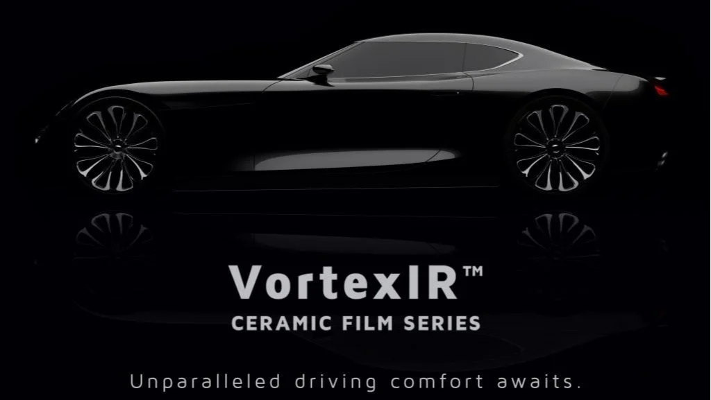 Black luxury car with the text "VortexIR Ceramic Film Series" and the tagline "Unparalleled driving comfort awaits" displayed below.