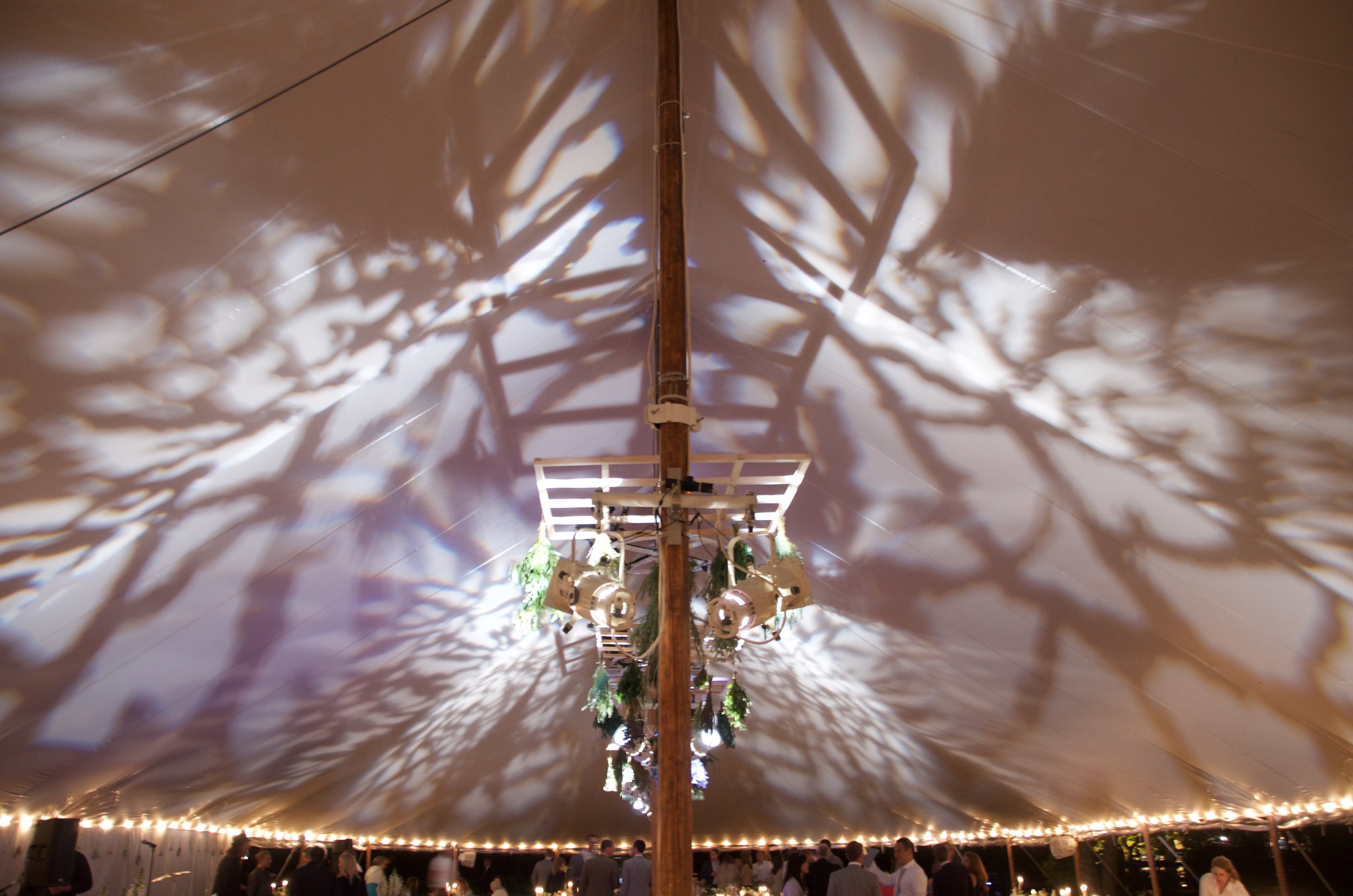 Patterned gobos on a tent ceiling