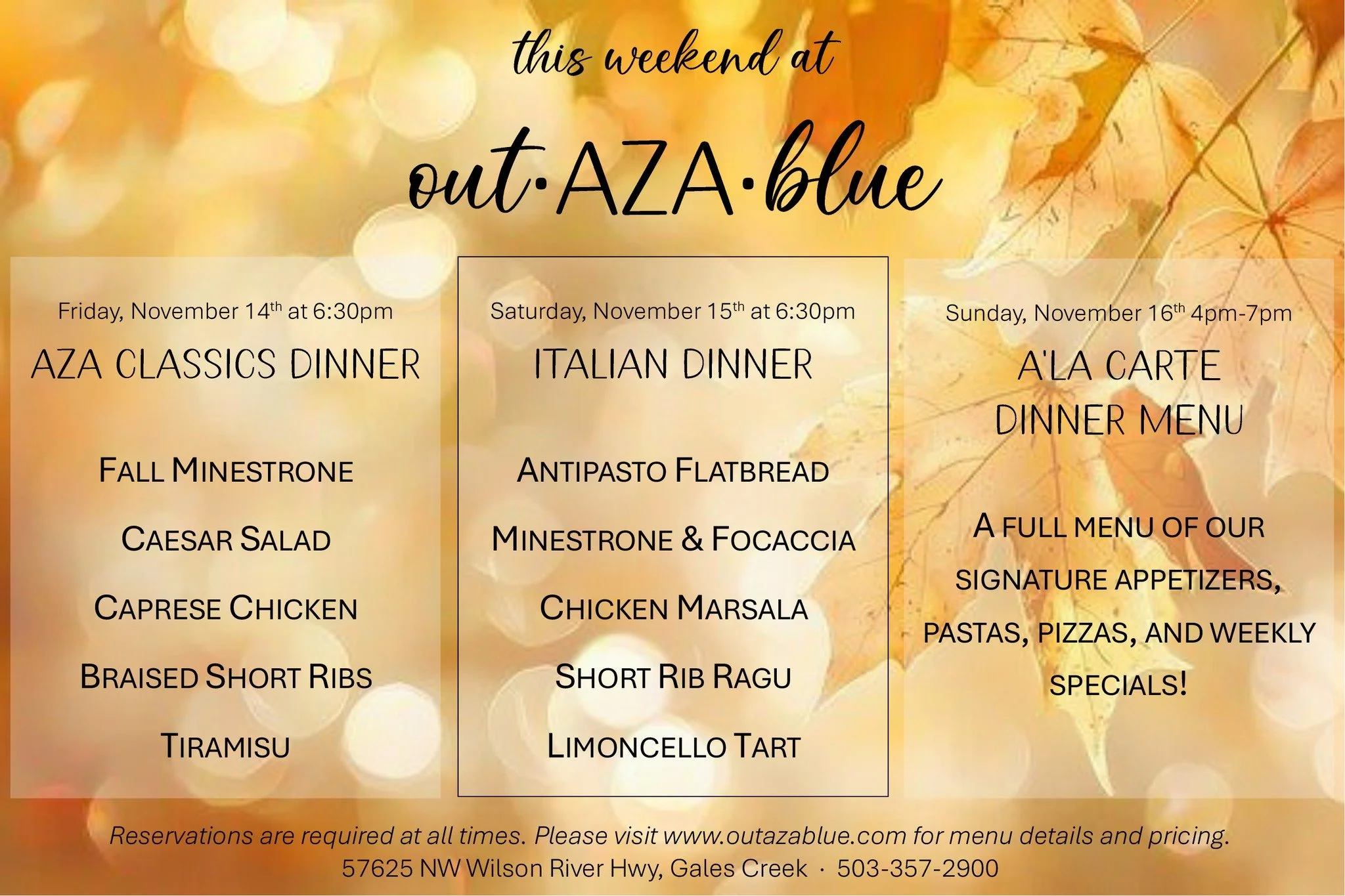 We have two full weekends of dinners coming up without any catering interruptions! 😄 Come visit us Friday, Saturday, or Sunday this weekend or next to enjoy a fabulous night out with incredible food and drinks! 

Find all the details on our website 