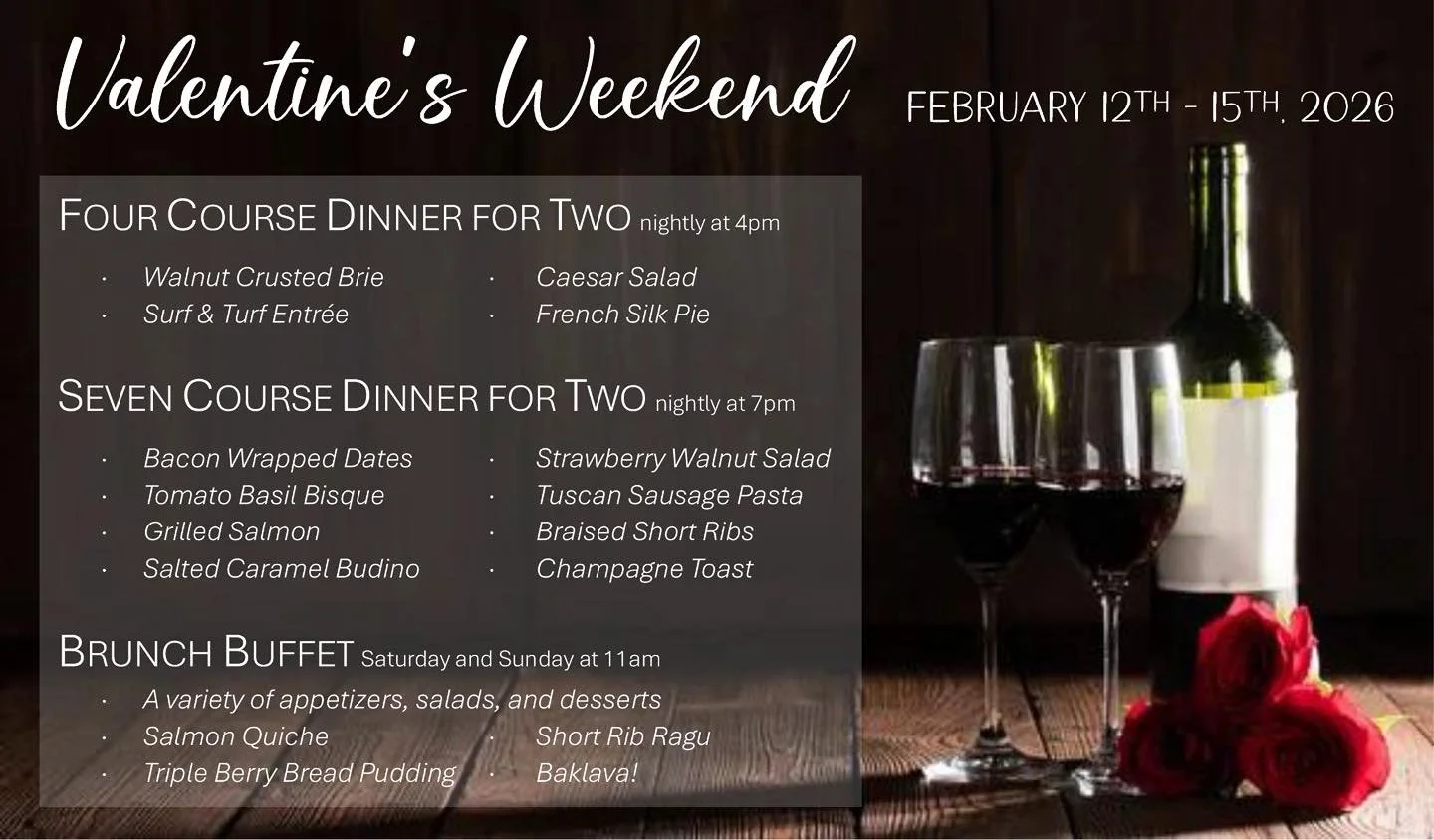 💕 Valentine&rsquo;s 2026 Reservations are officially live! 💕

4-Course &amp; 7-Course dinners nightly and a Brunch Buffet on the weekend! 

Head over to OutAZABlue.com to view the menus and details and book your table early on (you know these fill 