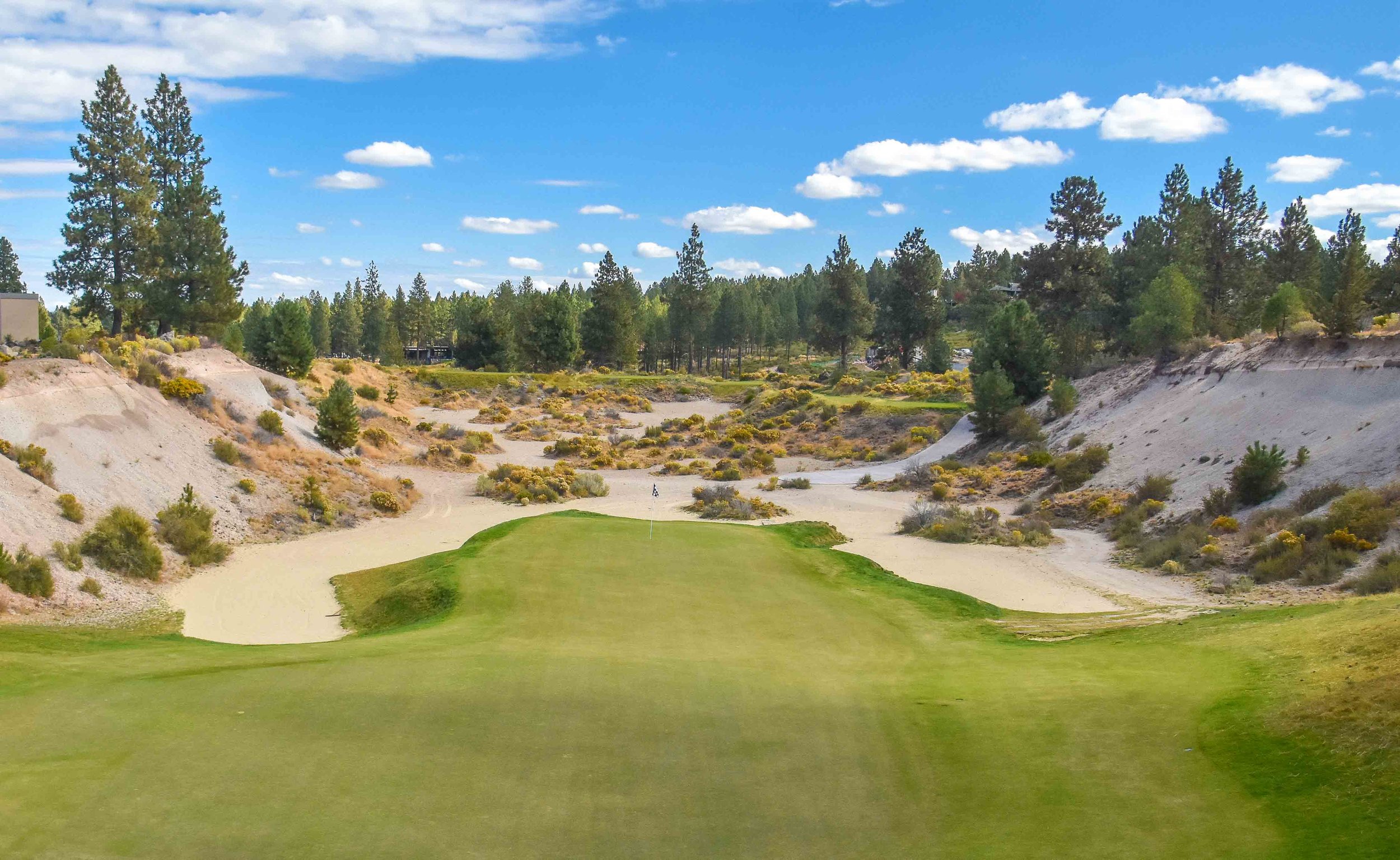 The signature 17th hole at Tetherow from behind the green.