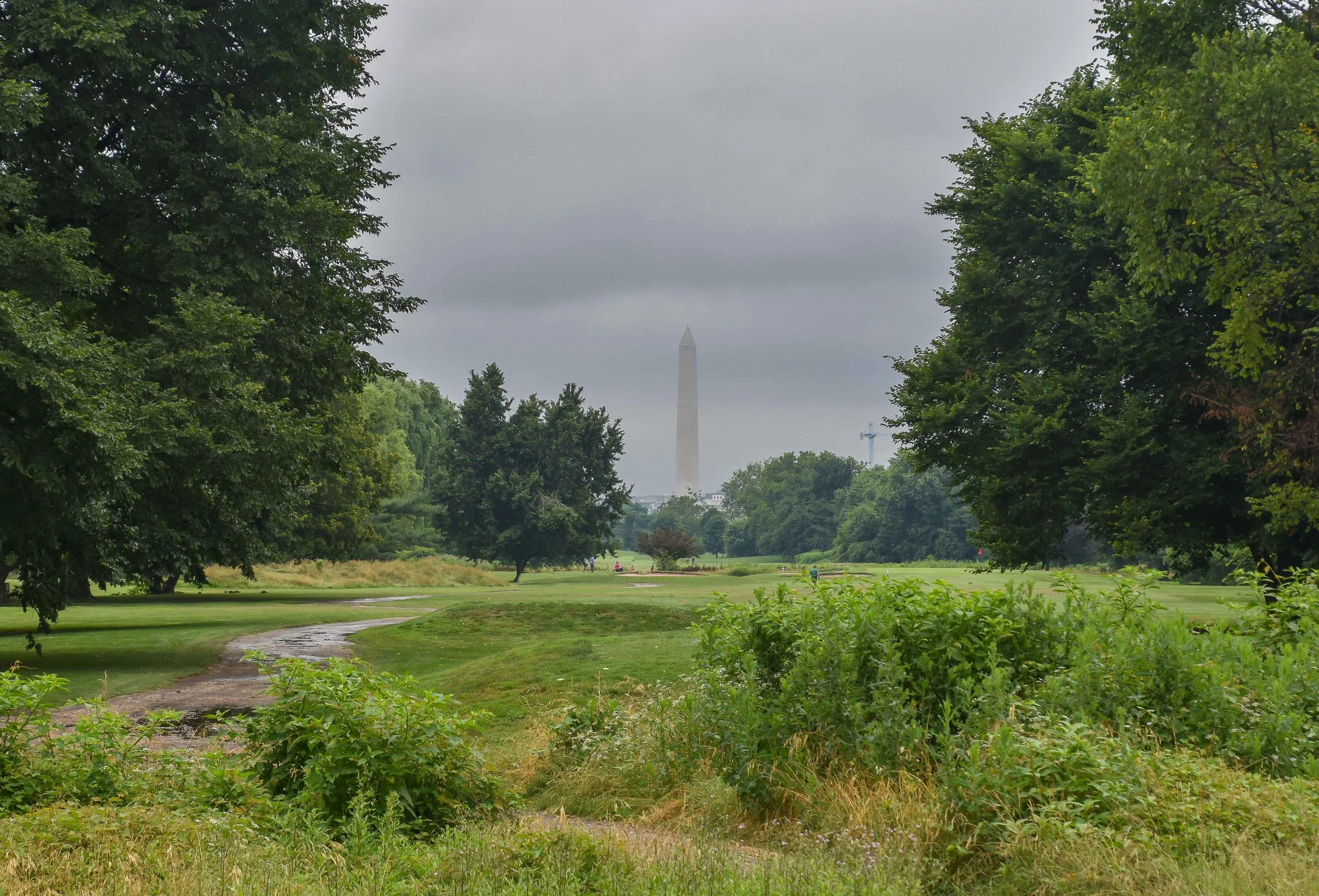 Even on a cloudy day, the view of the Washington Monument pops through at East Potomac.