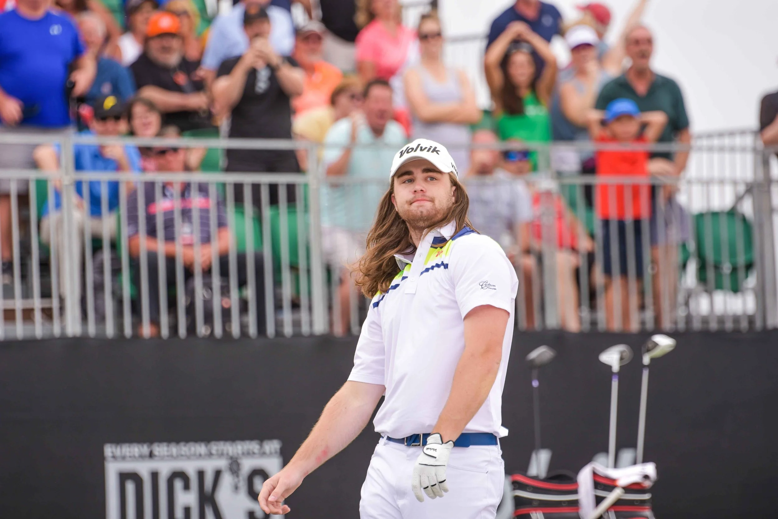 Kyle Berkshire reacts to his final drive of 466 yards coming up 8 yards short of champion Tim Burke.