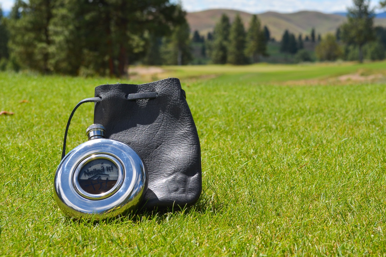 The “Nailed It” flask on display.