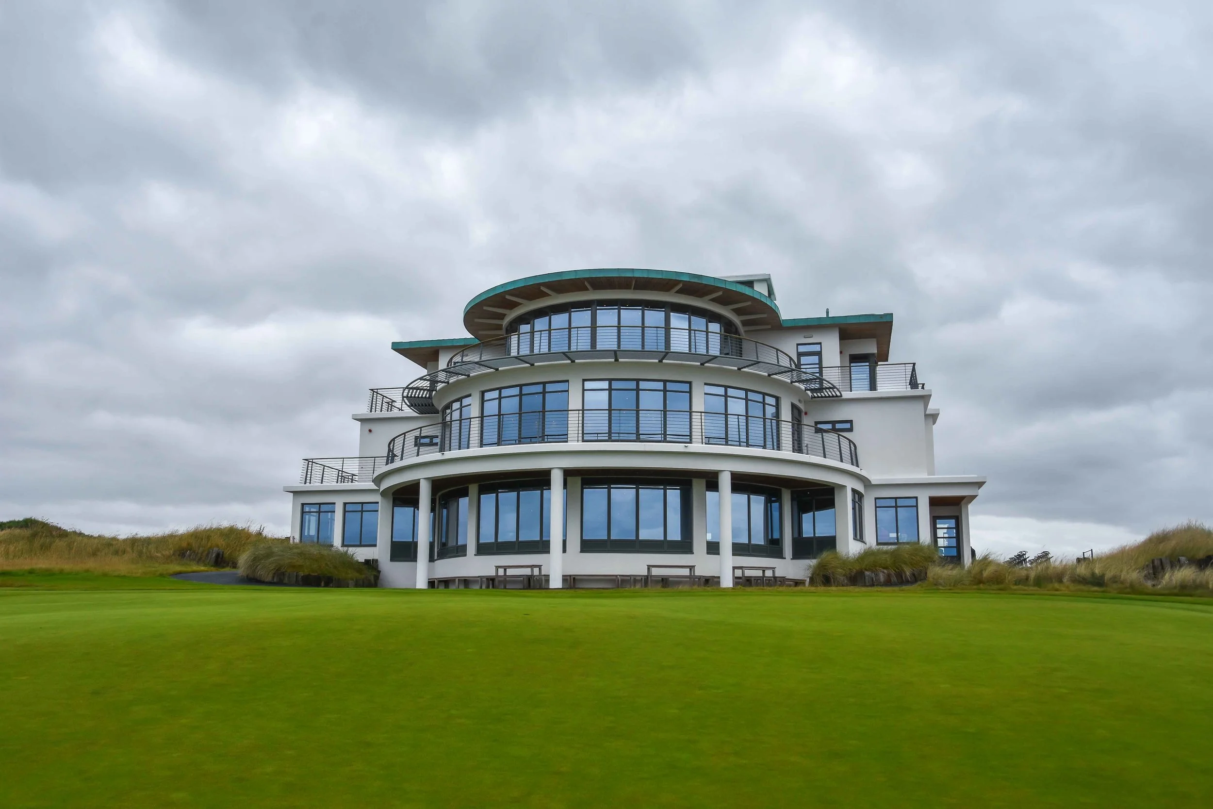 The Art Deco clubhouse at Castle Stuart