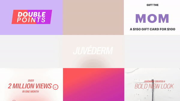 Collection of skincare and gift cards, including Double Points, a Mom gift card, Juvéderm, and promotional messages about views and a new look.