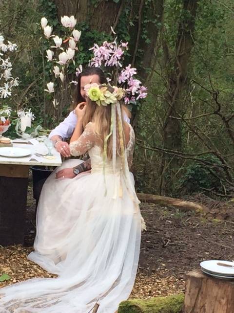 Tor looking beautiful in our bespoke gown in Champagne & Ivory silk, lace & tulle with Gilly Pages Flower Crown.