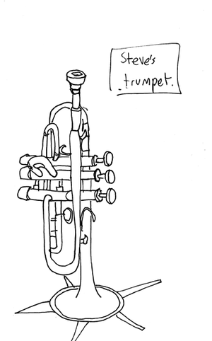 Drawing of Steve Pretty playing trumpet by Darren Hayman