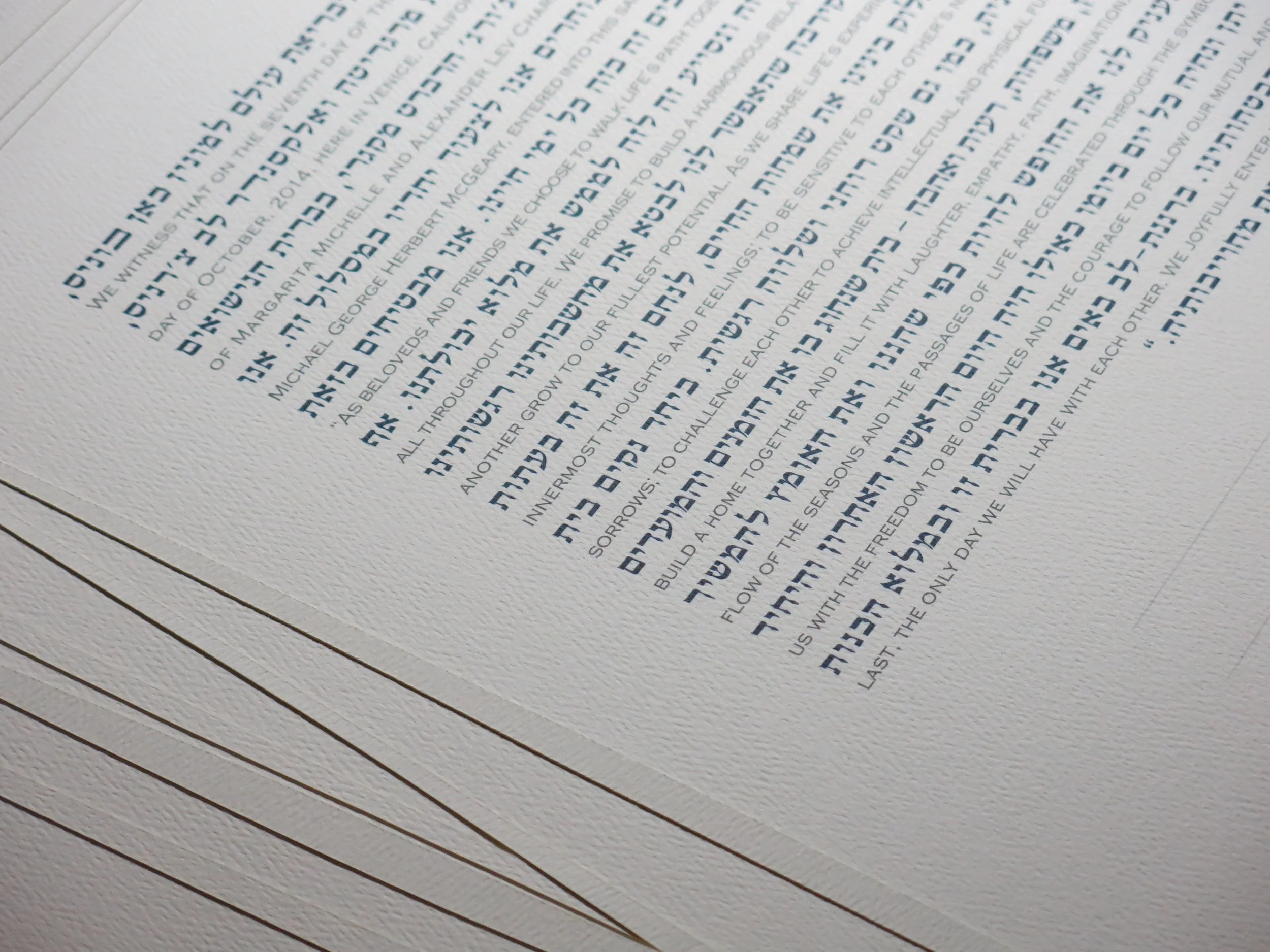 Detail of Printed Navy Blue and Medium Grey Interlinear Ketubah Text