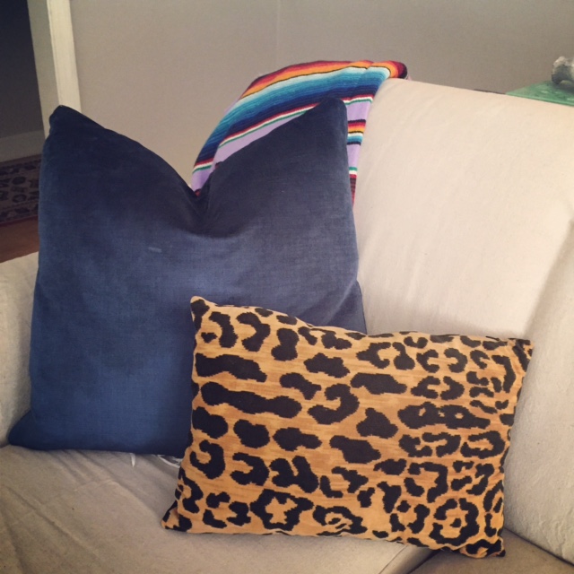  navy velvet pillows DIY, leopard pillow , mexican blanket , wall color sherwin williams worldly grey