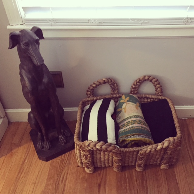  greyhound statue homegoods, basket pottery barn , kantha celadon, stripe blanket ikea