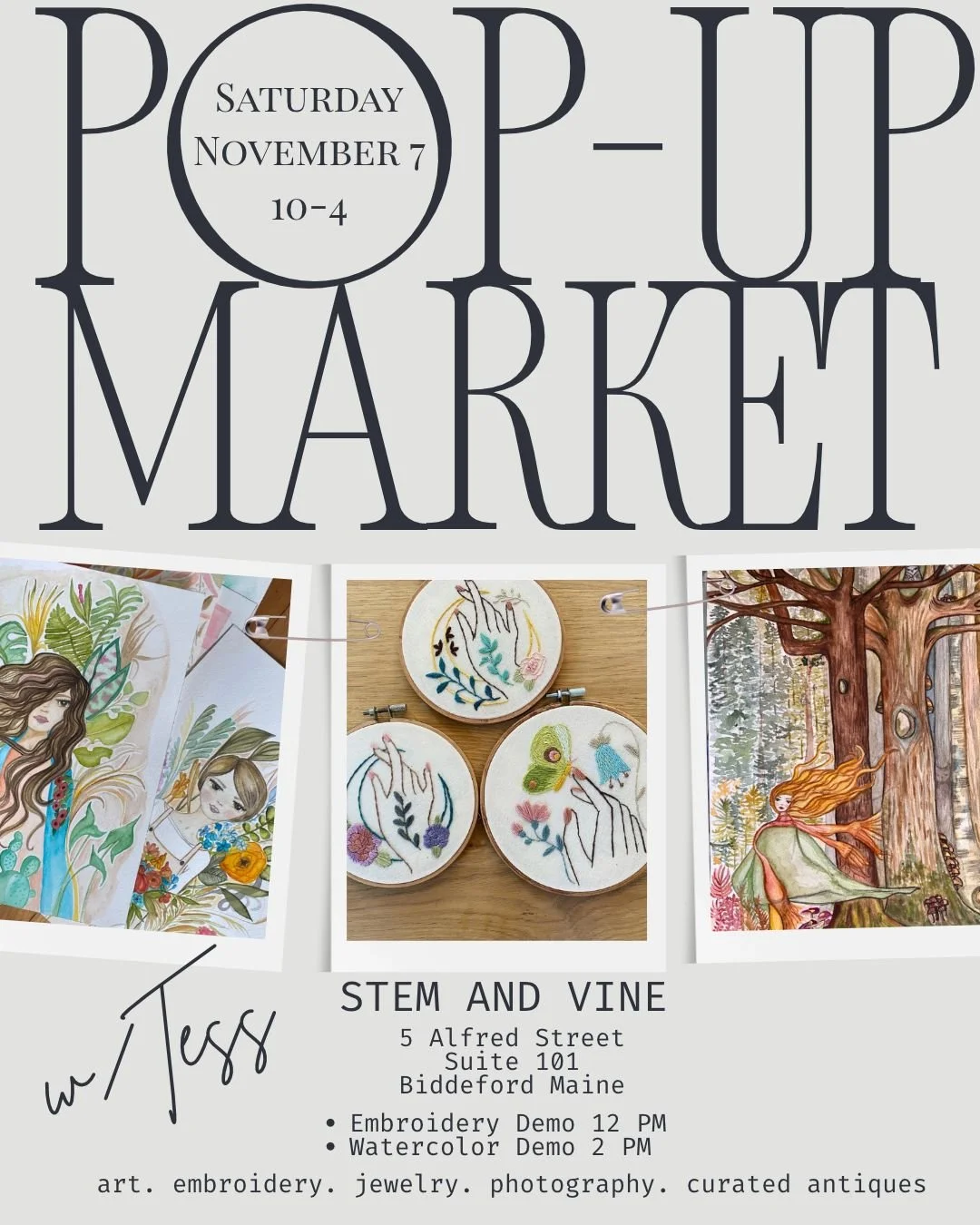 Pop Up Shop Nov 7 at Stem and Vine Biddeford 