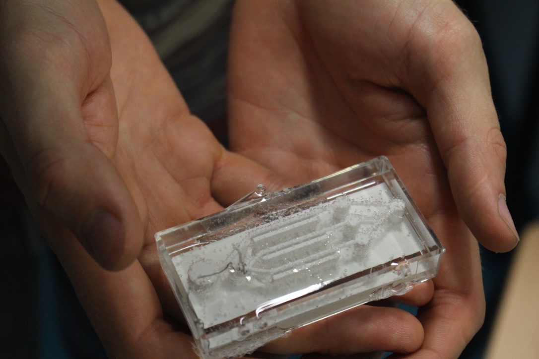 Photo: Prototype microfluidic rapid 3D printed circuit fabricated during the Bio-Hackathon.