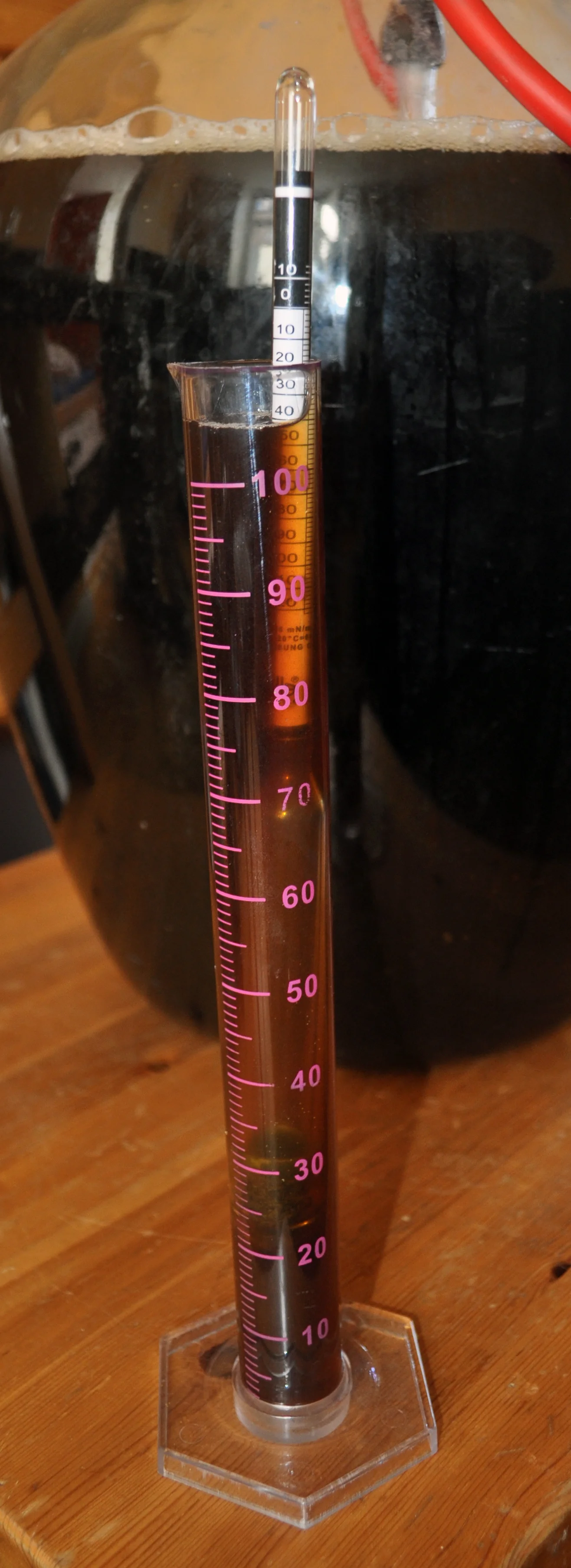 An alcohol meter, testing beer immediately after brewing but before fermentation. Image by Jeena on Wikipedia, shared under CC BY-SA 3.0