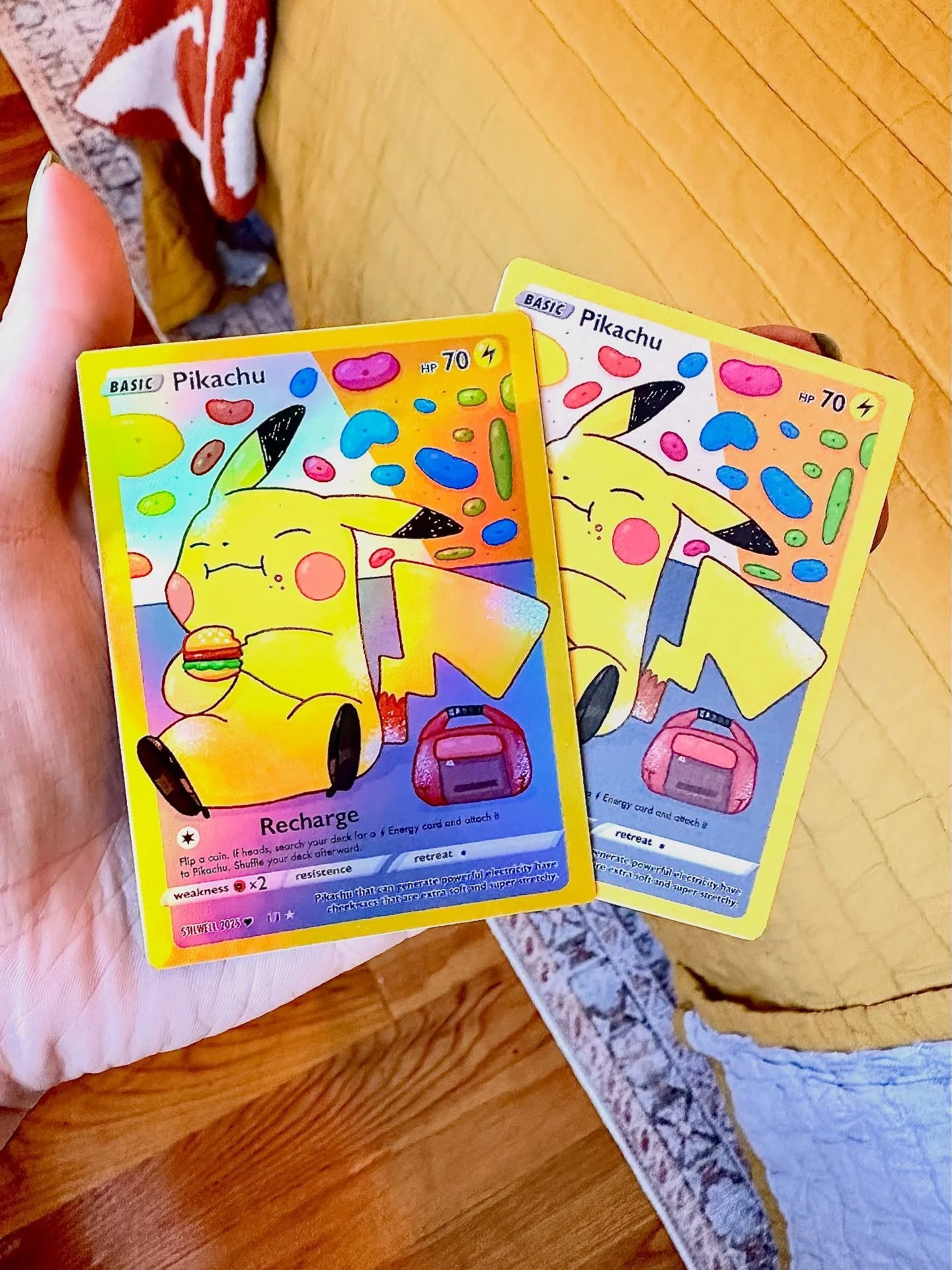It’s my boyfriend’s birthday month, so I made him a pikachu card to add to his collection.⚡️Full art—shiny holo foil and regular versions, featuring a few of his fave things. ✨