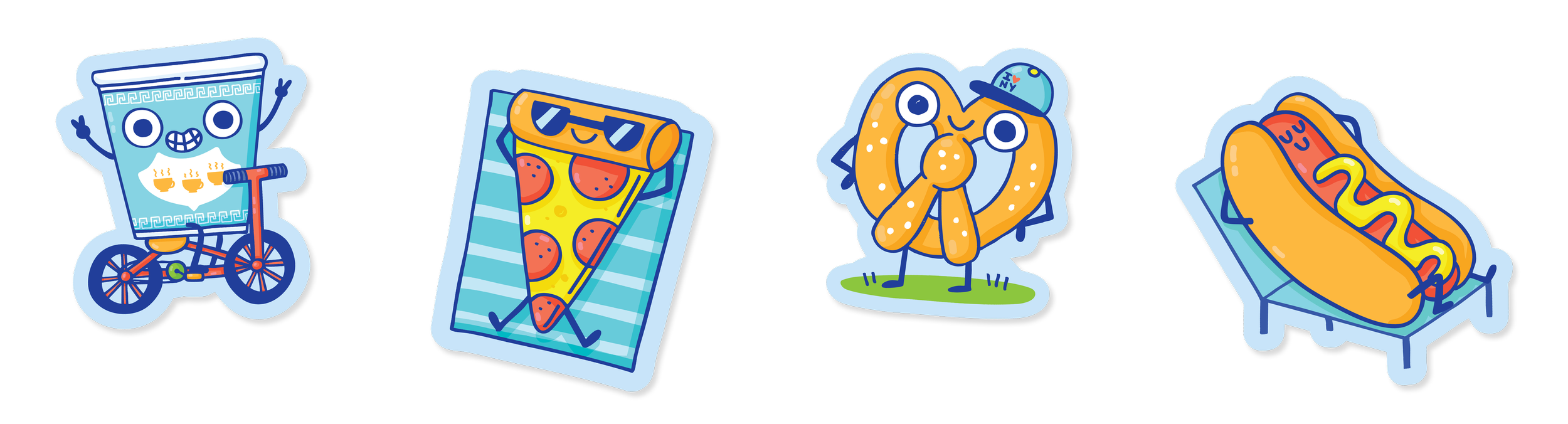 Cartoon characters of a bicycle, pizza, pretzel, hot dog with mustard in a row on a black background