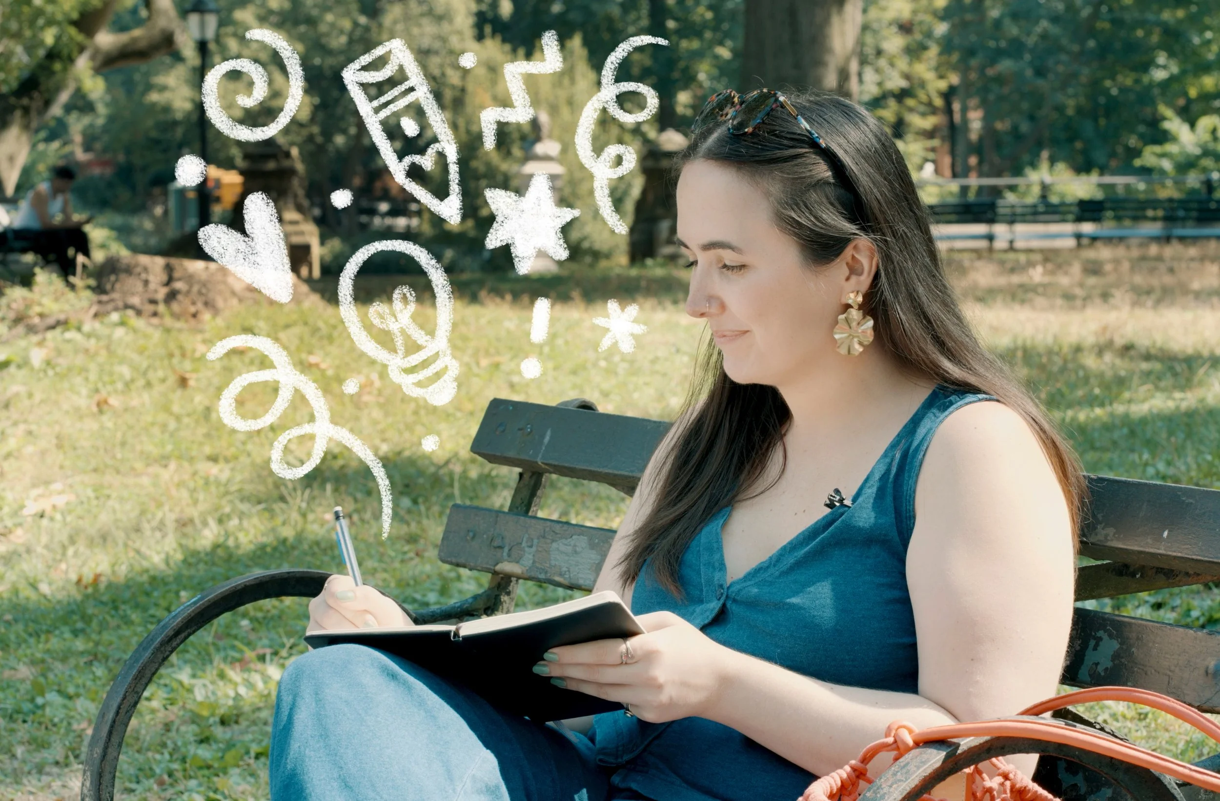 A woman sitting on a park bench with a notebook and pen, with creative doodles of light bulbs, hearts, stars, and numbers over her head indicating ideas and thoughts.