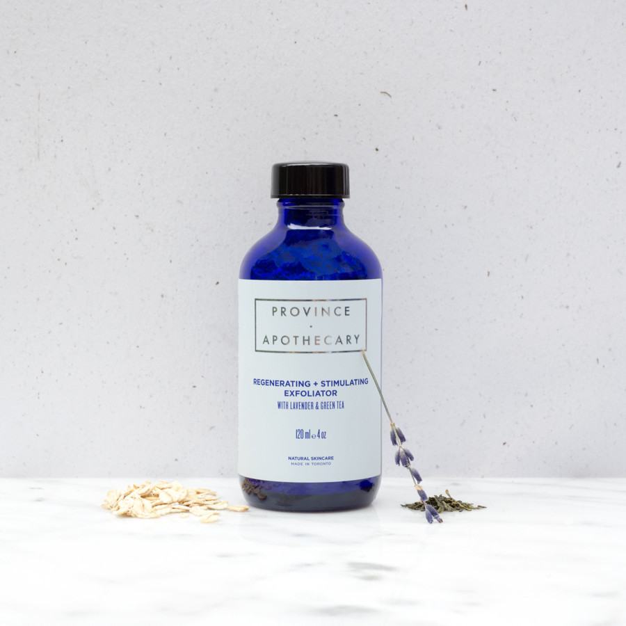 Province Apothecary's dry Regenerating + Stimulating exfoliator with Lavender & Green Tea is perfect for all skin types, working to gently exfoliate and hydrate your skin. Photo source: provinceapothecary.ca .