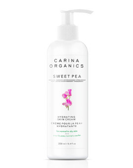 Carina Organics Sweet Pea Hydrating Skin Cream is formulated with natural and certified organic plant, vegetable, flower and tree extracts. Photo source: www. carinaorganics.com.