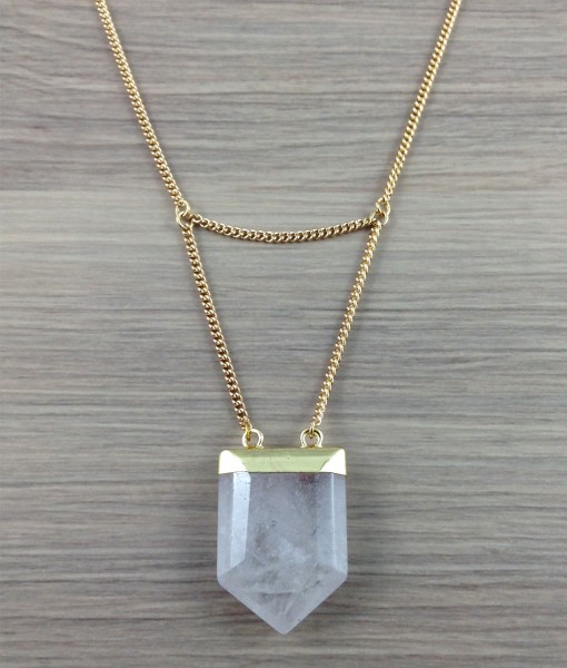 Short or long Crystal Quartz Necklace Necklace from Subject II Change. 14KG plated chain, Gold plated Quartz Crystal stone, Gold Plated lobster clasp and Gold Plated findings. Quartz Crystal: Increases spiritual wisdom, insight and clarity of thought. Useful to heal emotional wounds. Increasing intuition and amplifies prayers. Good for treating headaches, dizziness and general pain relief. This is a balancing stone. Photo source: Subject II Change. 