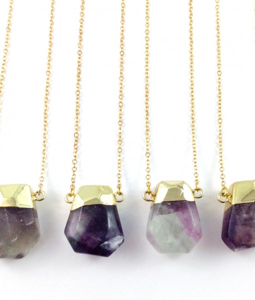 Fluorite Nuggets from Subject II Change. Materials: 14KG plated chain, Gold Plated Fluorite stone, Gold Plated lobster clasp and Gold Plated findings. Fluorite: promotes spiritual and psychic wholeness and development, protection, and brings peace. It helps one meditate and learn to go past the “chatter” that our minds tend to generate when first learning to meditate. Fluorite protects psychically as a psychic shield, protect from chaotic vibrations by evening them out in an orderly manner. Fluorite is also said to enhance the strength of other stones.