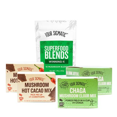 Four Sigmatic Immunity Bundle with Hot Cocoa with Cordyceps, Chaga Mushroom Elixir Mix and Superfood Blends Winning-X. Image courtesy of Four Sigmatic.