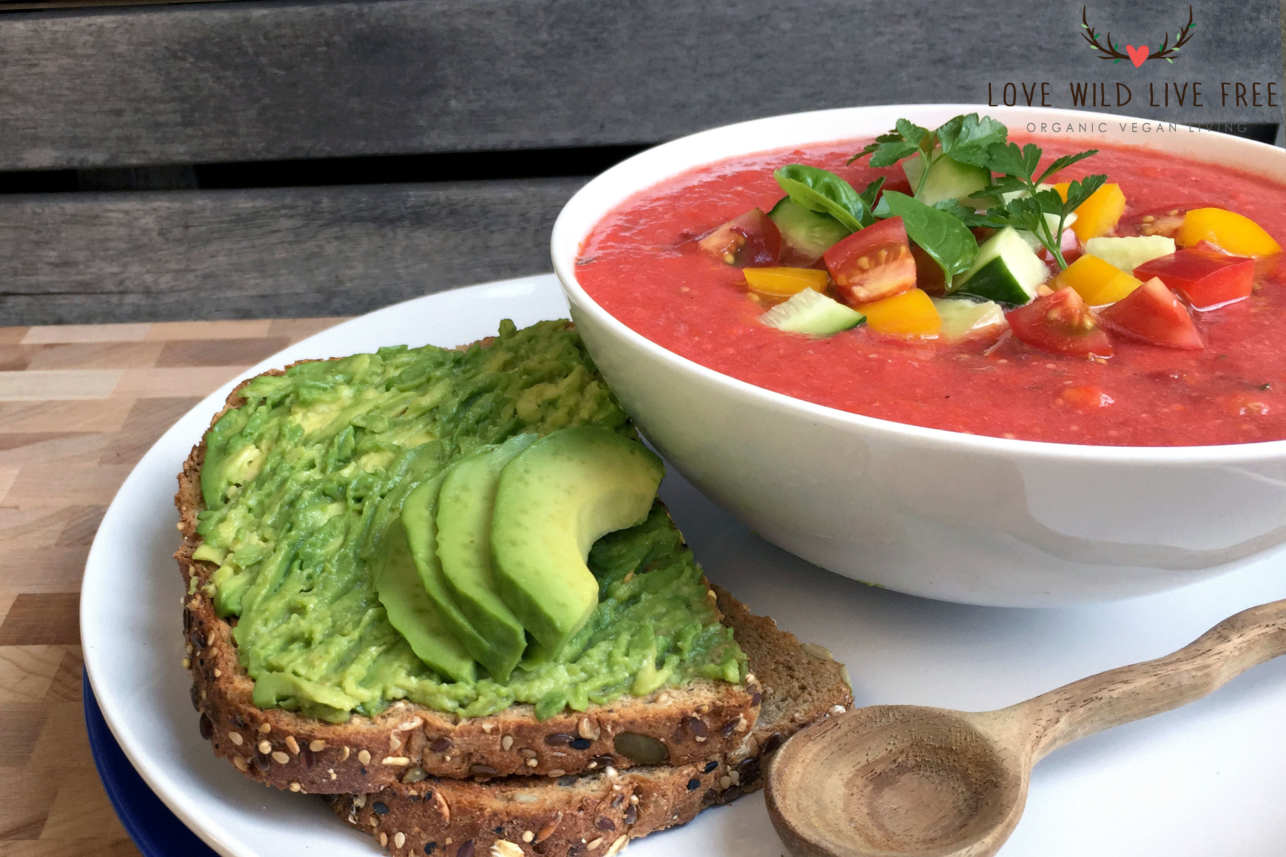 The jalapeño pepper (or red pepper flakes) in this Raw Vegan Gazpacho adds a nice kick, but if you would like a milder soup you can omit this ingredient or use less and adjust to taste. The avocado toast is quick and easy to put together and pairs perfectly with this soup.