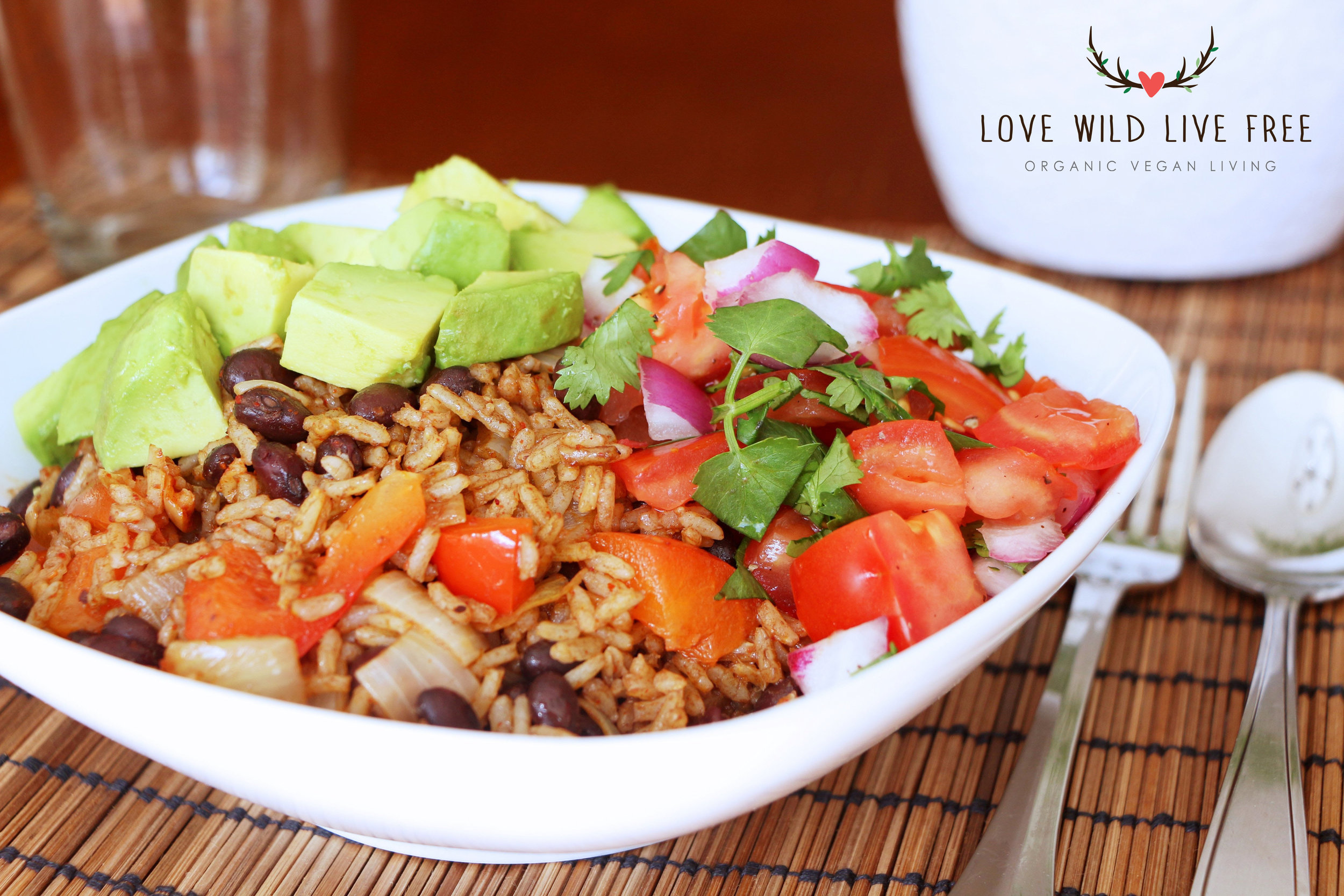 Seriously satisfying vegan burrito bowl filled with black beans, sautéed onions and peppers, fresh salsa and avocado. 