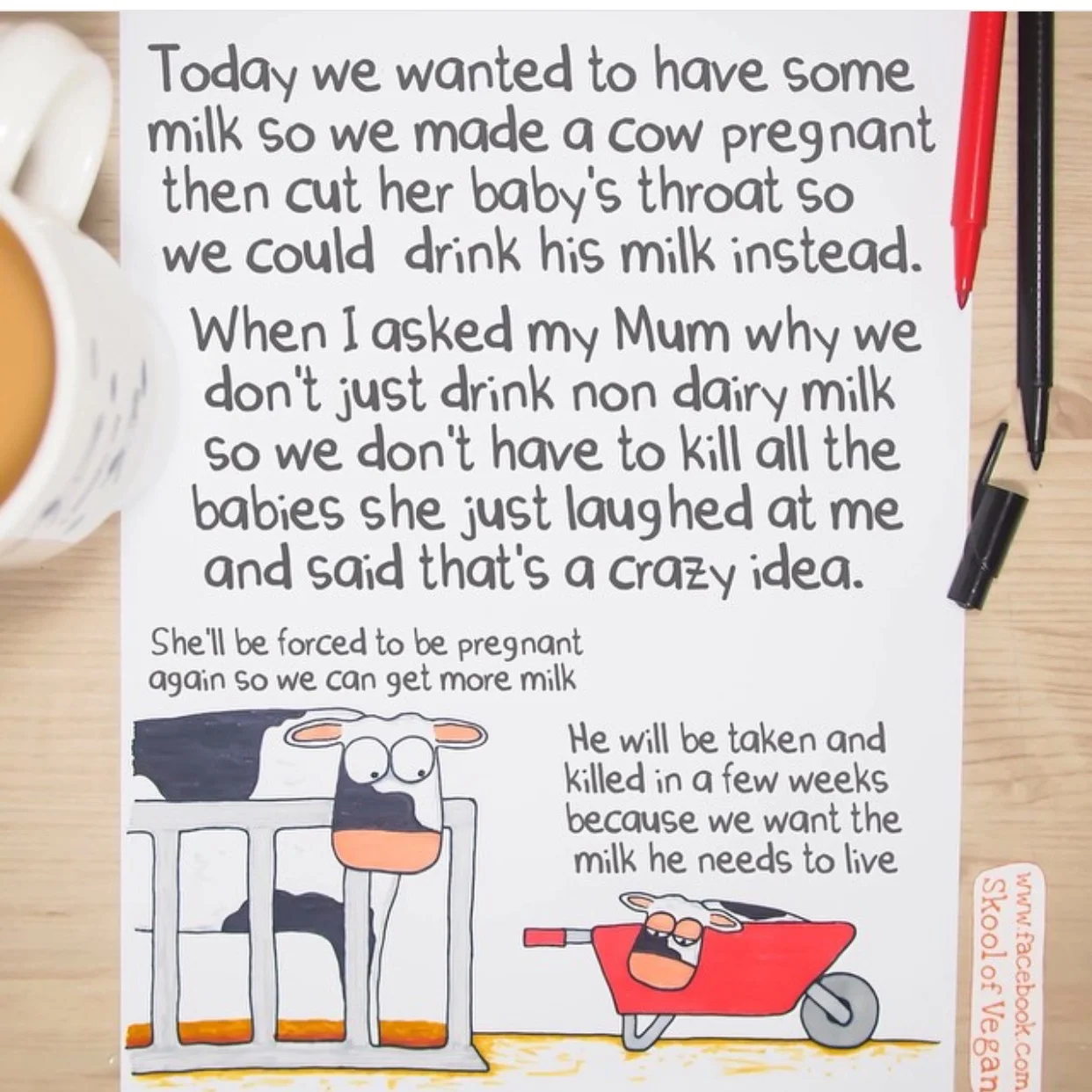 Did you know that in order for a cow to produce milk she must first be pregnant and have a baby - just like humans? Only, there's no room for the baby cow in dairy farming. Image by Skool of Vegan . 