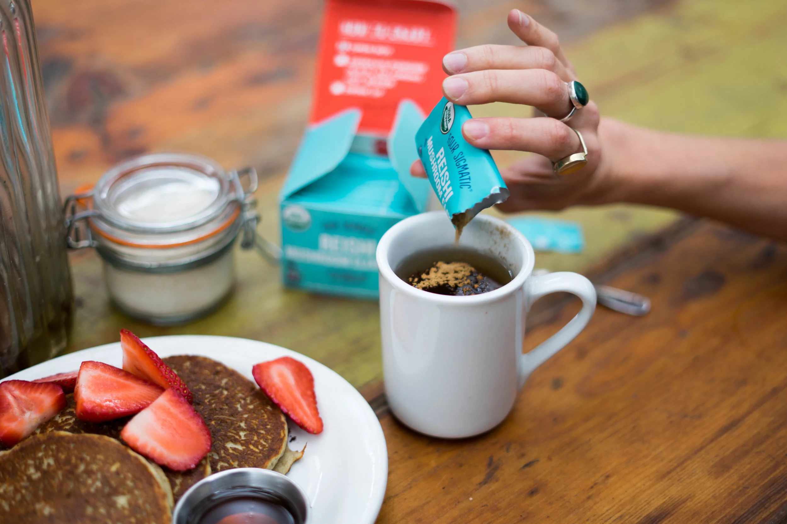 The convenient packets of Reishi Elixirs, from Four Sigmatic, are perfect for grab and go any time of the day. 