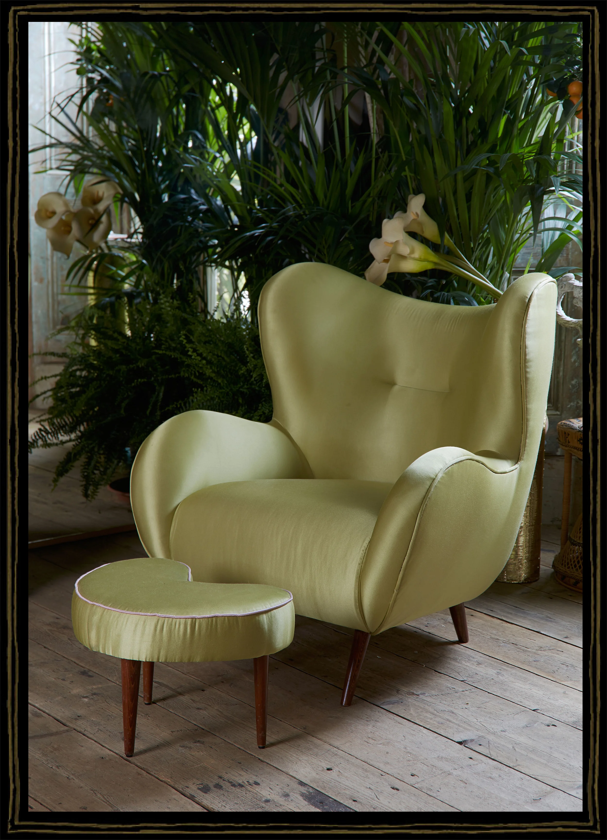 'Fire Monkey' collection, inspired by 1950’s sofa set, shown in light green satin