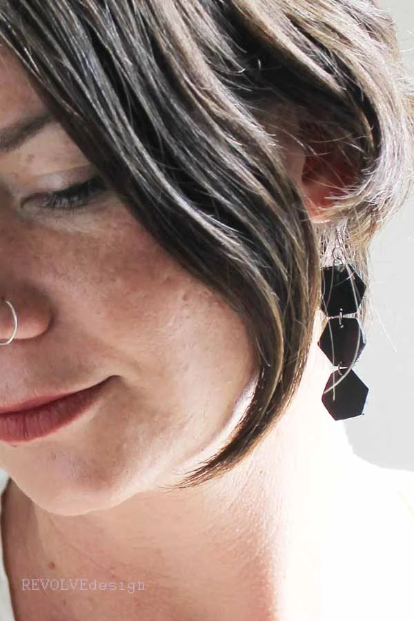 black leather triple hex dangle earring